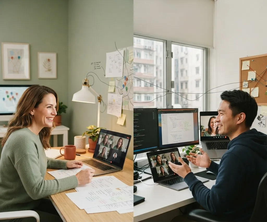 A North American partner and an Asia-based developer on a video call from their own workspaces