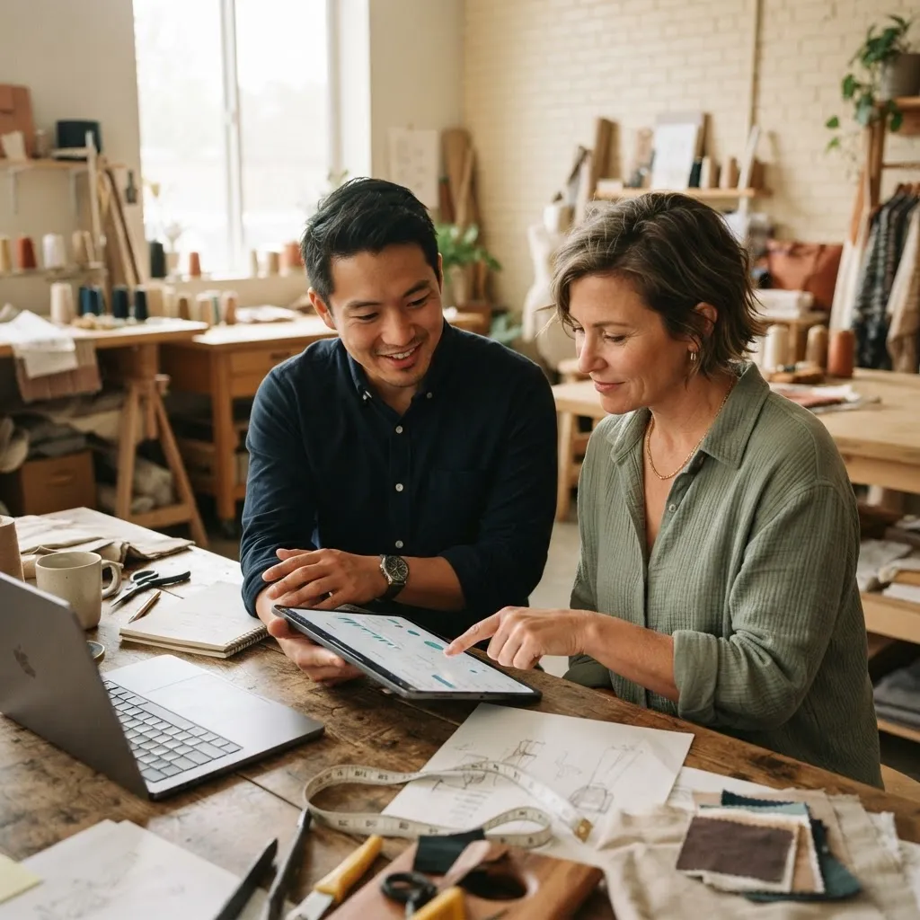 A partner and a client reviewing project work on a tablet
